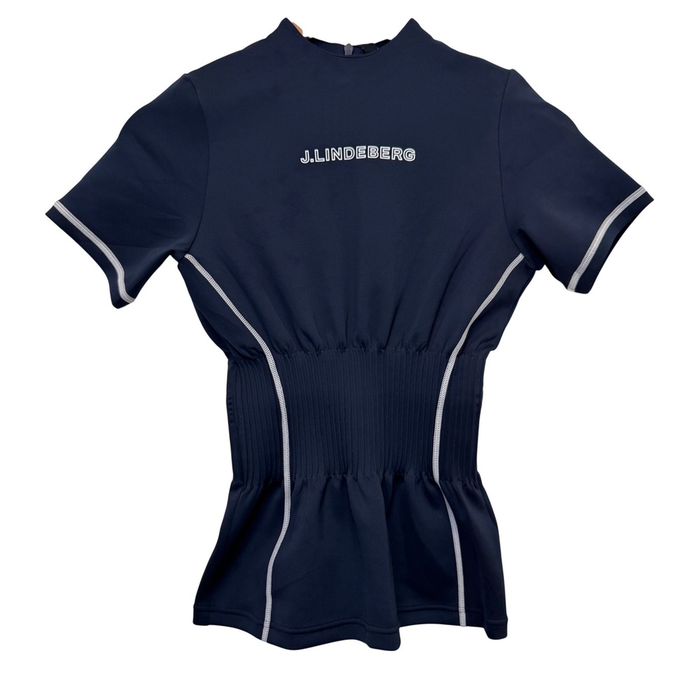 J.Lindeberg Womens Kim Golf Top XS Navy Smocked Waist Mock Neck Sporty Golfcore